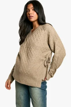 Cardigans|Jumpers & Cardigans*boohoo Maternity Soft Cable Knitted Wrap Cardigan mocha