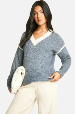 Jumpers|Up To 80% Off Winter Warmers*boohoo Maternity Soft Knit Contrast Detail Knitted V Neck Jumper grey