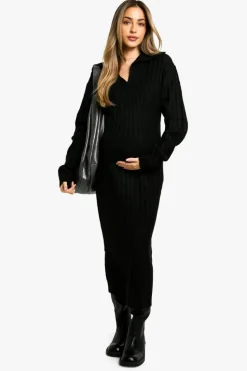 Maxi Dresses|Jumper Dresses*boohoo Maternity Soft Knit Thick Rib Collar Detail Maxi Dress black