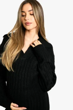 Maxi Dresses|Jumper Dresses*boohoo Maternity Soft Knit Thick Rib Collar Detail Maxi Dress black