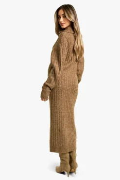 Jumper Dresses|Jumper Dresses*boohoo Maternity Soft Knit Thick Rib Collar Detail Maxi Dress camel