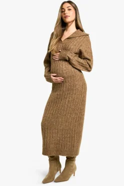 Jumper Dresses|Jumper Dresses*boohoo Maternity Soft Knit Thick Rib Collar Detail Maxi Dress camel