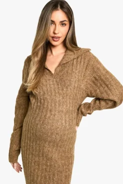 Jumper Dresses|Jumper Dresses*boohoo Maternity Soft Knit Thick Rib Collar Detail Maxi Dress camel