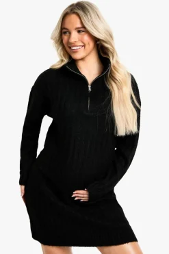 Jumper Dresses|Jumper Dresses*boohoo Maternity Soft Knit Thick Rib Zip Neck Oversize Mini Dress black