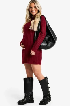 Jumper Dresses|Jumper Dresses*boohoo Maternity Soft Knit Thick Rib Zip Neck Oversize Mini Dress berry