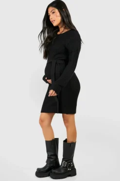 Jumper Dresses|Jumper Dresses*boohoo Maternity Soft Knit Tie Waist Jumper Dress black
