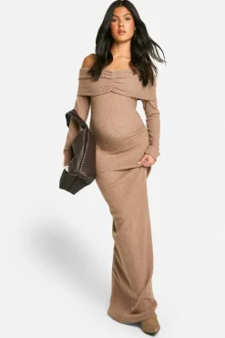 Maxi Dresses*boohoo Maternity Soft Rib Off Shoulder Column Maxi Dress camel