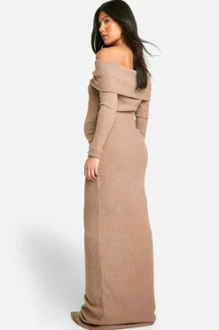 Maxi Dresses*boohoo Maternity Soft Rib Off Shoulder Column Maxi Dress camel