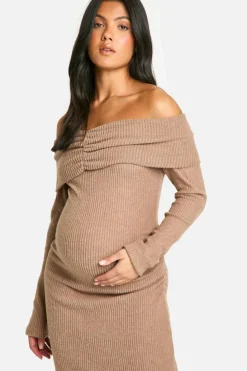 Maxi Dresses*boohoo Maternity Soft Rib Off Shoulder Column Maxi Dress camel