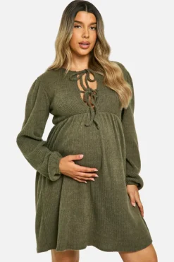 Smock Dresses*boohoo Maternity Soft Rib Tie Front Smock Dress khaki