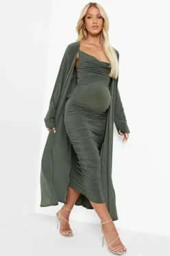 Midi Dresses*boohoo Maternity Strappy Cowl Neck Dress And Duster Coat light khaki