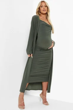 Midi Dresses*boohoo Maternity Strappy Cowl Neck Dress And Duster Coat light khaki