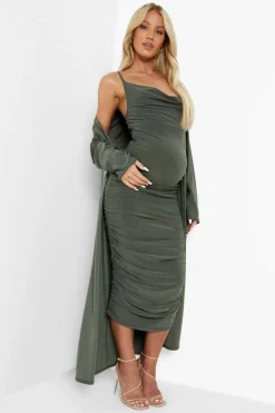 Midi Dresses*boohoo Maternity Strappy Cowl Neck Dress And Duster Coat light khaki