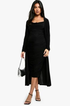 Bodycon Dresses*boohoo Maternity Strappy Cowl Neck Dress And Duster Coat black
