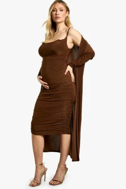 Bodycon Dresses*boohoo Maternity Strappy Cowl Neck Dress And Duster Coat chocolate