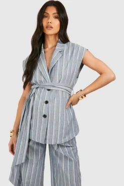 Up To 80% Off Winter Warmers|Blazers*boohoo Maternity Stripe Sleeveless Belted Blazer blue