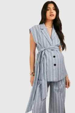 Up To 80% Off Winter Warmers|Blazers*boohoo Maternity Stripe Sleeveless Belted Blazer blue