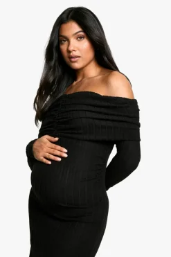Maxi Dresses|Long Sleeve Dresses*boohoo Maternity Textured Bardot Long Sleeve Maxi Dress black