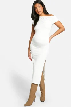Bodycon Dresses*boohoo Maternity Textured Off The Shoulder Split Midaxi Dress cream