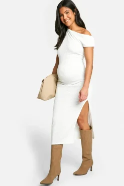 Bodycon Dresses*boohoo Maternity Textured Off The Shoulder Split Midaxi Dress cream