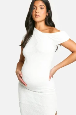 Bodycon Dresses*boohoo Maternity Textured Off The Shoulder Split Midaxi Dress cream