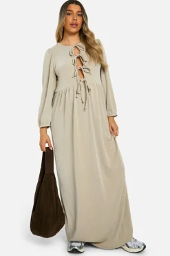 Smock Dresses*boohoo Maternity Textured Rib Tie Front Smock Frill Hem Long Sleeve Maxi Dress stone