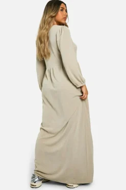 Smock Dresses*boohoo Maternity Textured Rib Tie Front Smock Frill Hem Long Sleeve Maxi Dress stone