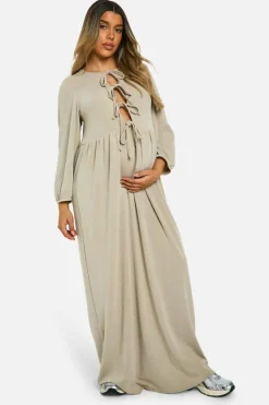 Smock Dresses*boohoo Maternity Textured Rib Tie Front Smock Frill Hem Long Sleeve Maxi Dress stone