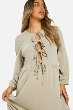 Smock Dresses*boohoo Maternity Textured Rib Tie Front Smock Frill Hem Long Sleeve Maxi Dress stone