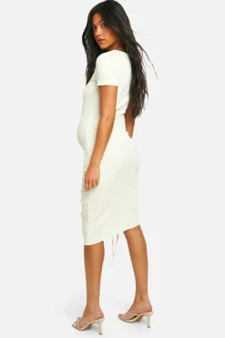 Midi Dresses*boohoo Maternity Textured Short Sleeve Ruched Midi Dress cream