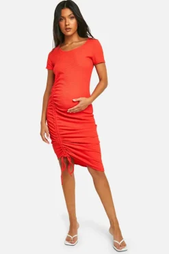 Midi Dresses*boohoo Maternity Textured Short Sleeve Ruched Midi Dress orange