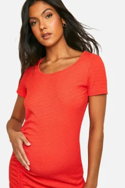 Midi Dresses*boohoo Maternity Textured Short Sleeve Ruched Midi Dress orange