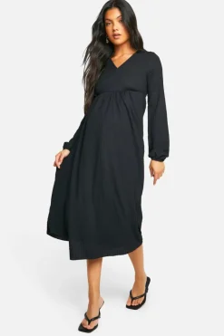 Wrap Dresses*boohoo Maternity Textured Wrap Over Long Sleeve Midaxi black