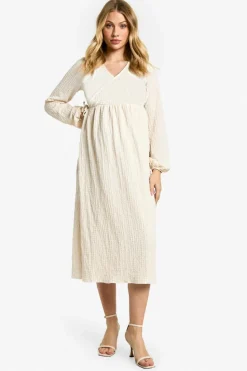 Wrap Dresses*boohoo Maternity Textured Wrap Over Long Sleeve Midaxi cream
