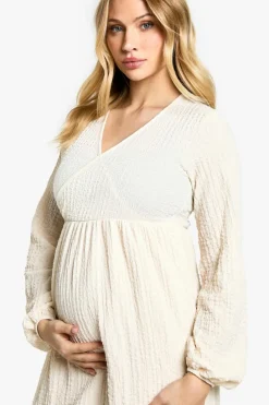 Wrap Dresses*boohoo Maternity Textured Wrap Over Long Sleeve Midaxi cream