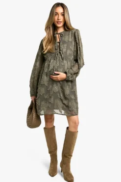 Smock Dresses*boohoo Maternity Tie Front Burn Out Long Sleeve Smock Dress dark olive