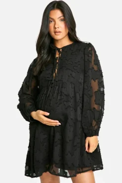 Smock Dresses*boohoo Maternity Tie Front Burn Out Long Sleeve Smock Dress black