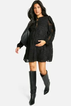 Smock Dresses*boohoo Maternity Tie Front Burn Out Long Sleeve Smock Dress black