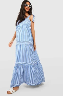 Smock Dresses*boohoo Maternity Tie Shoulder Woven Stripe Maxi Dress blue