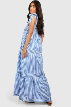 Smock Dresses*boohoo Maternity Tie Shoulder Woven Stripe Maxi Dress blue
