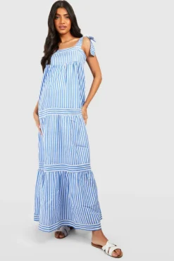 Smock Dresses*boohoo Maternity Tie Shoulder Woven Stripe Maxi Dress blue