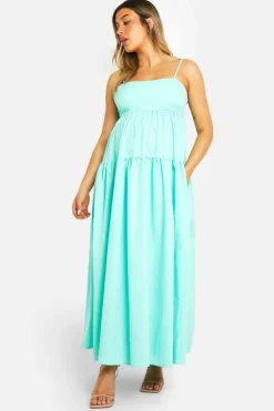 Smock Dresses|Dresses*boohoo Maternity Tiered Strappy Smock Midaxi Dress turquoise