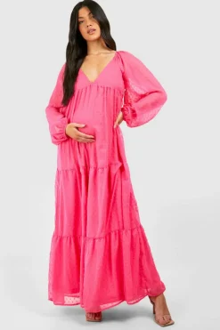 Smock Dresses*boohoo Maternity V Neck Tiered Dobby Maxi Dress pink