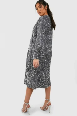Wrap Dresses|Midi Dresses*boohoo Maternity Velvet Sequin Wrap Midi Dress silver