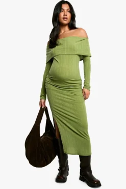 Bodycon Dresses*boohoo Maternity Wide Soft Rib Deep Bardot Long Sleeve Side Split Midaxi Dress olive