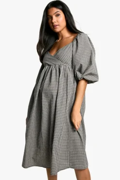 Smock Dresses|Mini Dresses*boohoo Maternity Woven Check Puff Sleeve Smock Midi Dress black