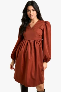 Smock Dresses|Wrap Dresses*boohoo Maternity Woven Long Sleeve Wrap Smock Dress rust