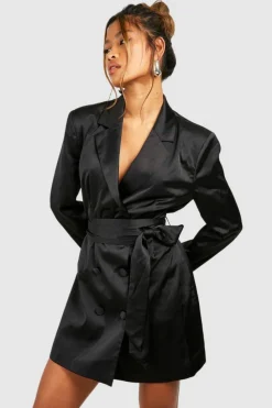 Blazer Dresses*boohoo Matte Satin Obi Tie Waist Blazer Dress black