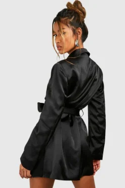 Blazer Dresses*boohoo Matte Satin Obi Tie Waist Blazer Dress black