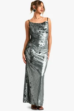 Cami Dresses|Maxi Dresses*boohoo Matte Sequin Cowl Slip Maxi Dress gun metal